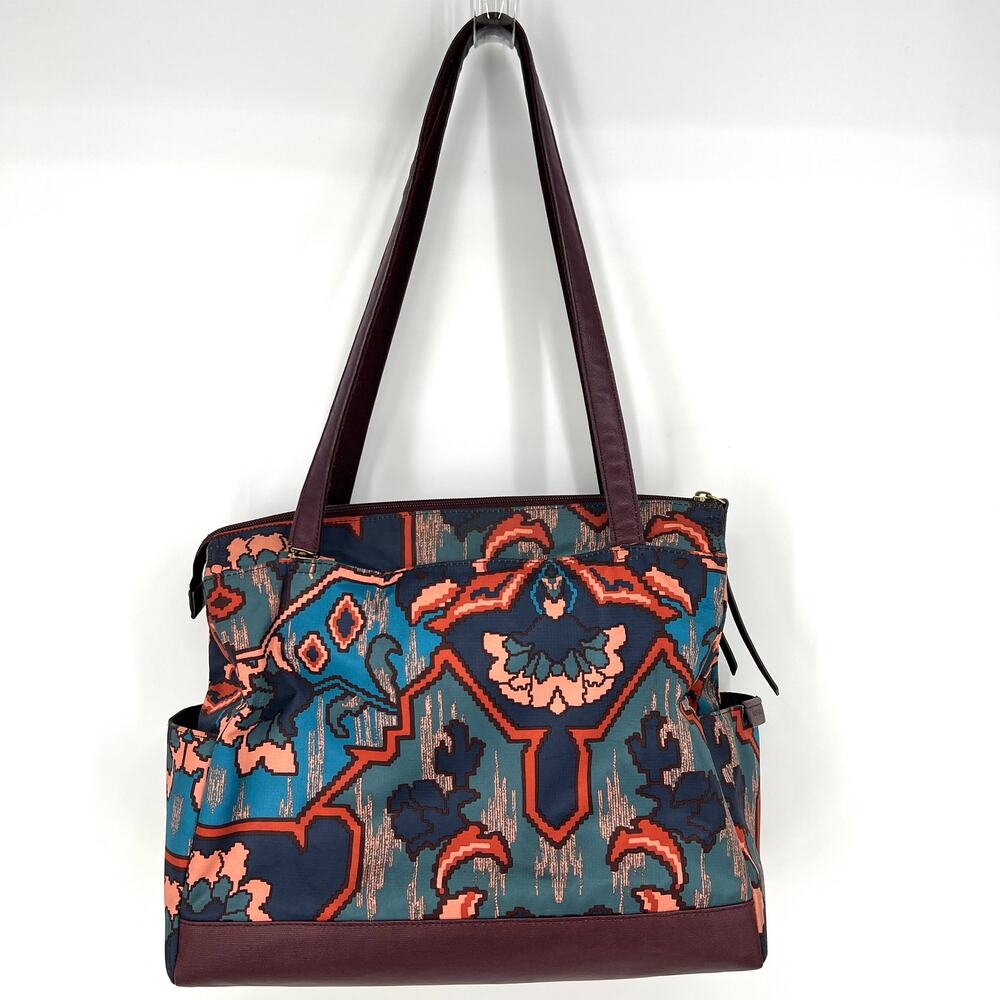 Fossil Large Tote Jenna Shopper Blue Multi Purse Double Handle With Key Charm